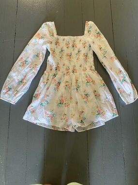 Floral Smocked Long-Sleeve Romper in White and Pink